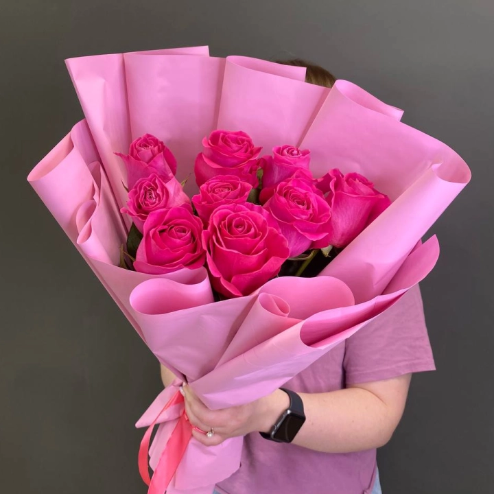Букет из 9 розовых премиум роз - фото 