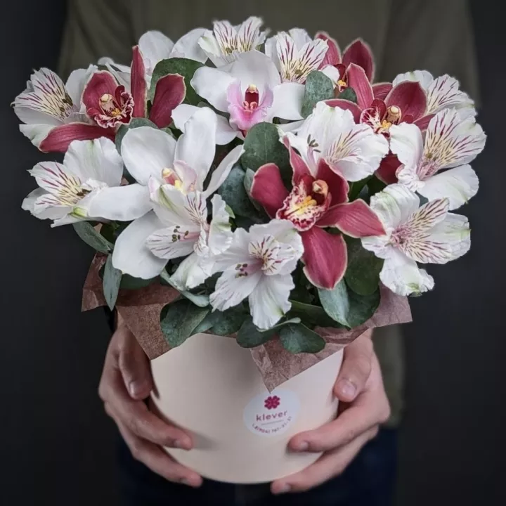 Коробка с орхидеей и альстромерией - фото 